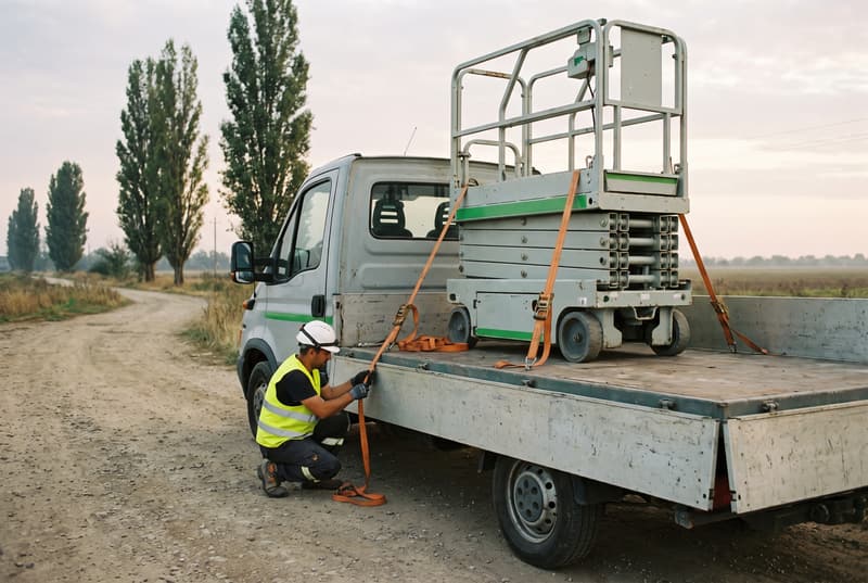 Șofer cu vestă reflectorizantă verificând chingile unei platforme foarfecă pe un camion, pe un drum de câmpie (imagine generată cu AI)